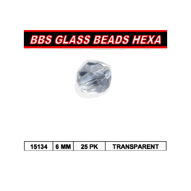 BBS GLASS BEADS HEXA 6mm 25pk TRANSPARENT
